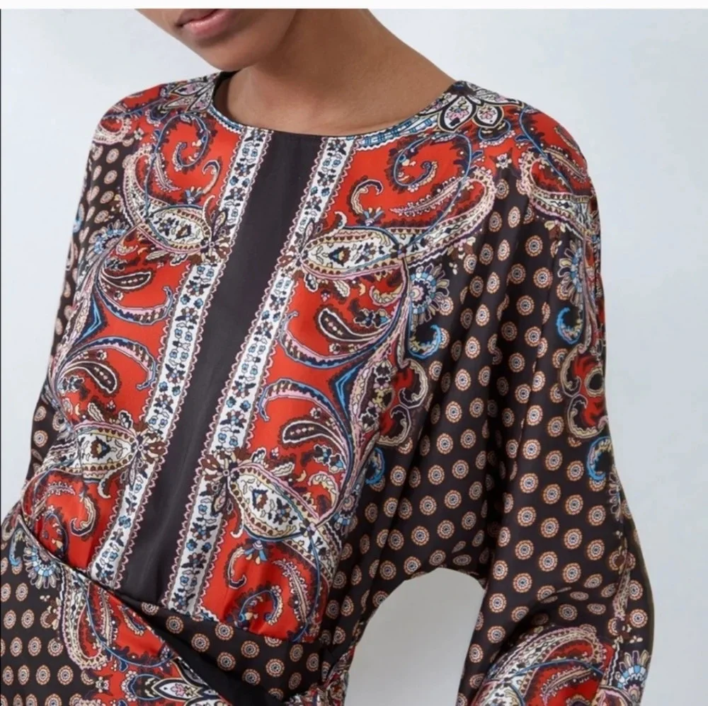 Zara Paisley Print Faux Wrap Mini Dress XS Boho Long Sleeve NWOT